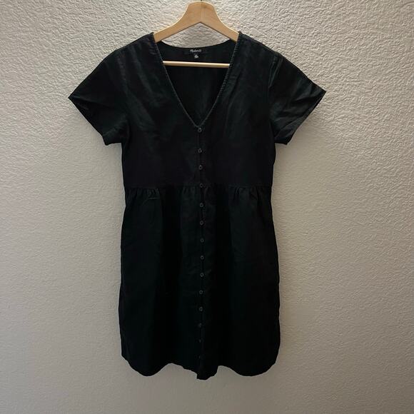 Madewell Alexandra Black Linen Blend Button Front Mini Dress Pockets XS - Picture 3 of 7